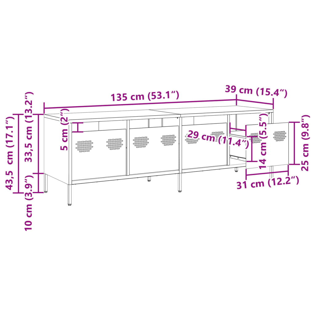 Móvel de TV 135x39x43,5 cm aço laminado a frio verde-azeitona