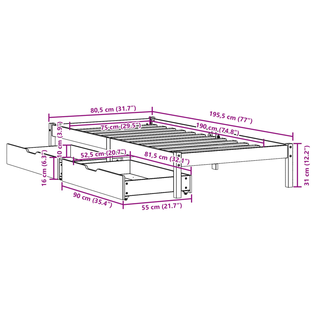 Cama sem colchão 75x190 cm madeira de pinho maciça branco