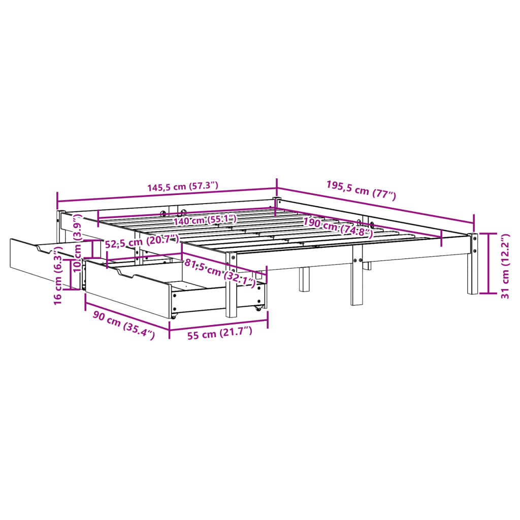 Cama sem colchão 140x190 cm madeira de pinho maciça branco