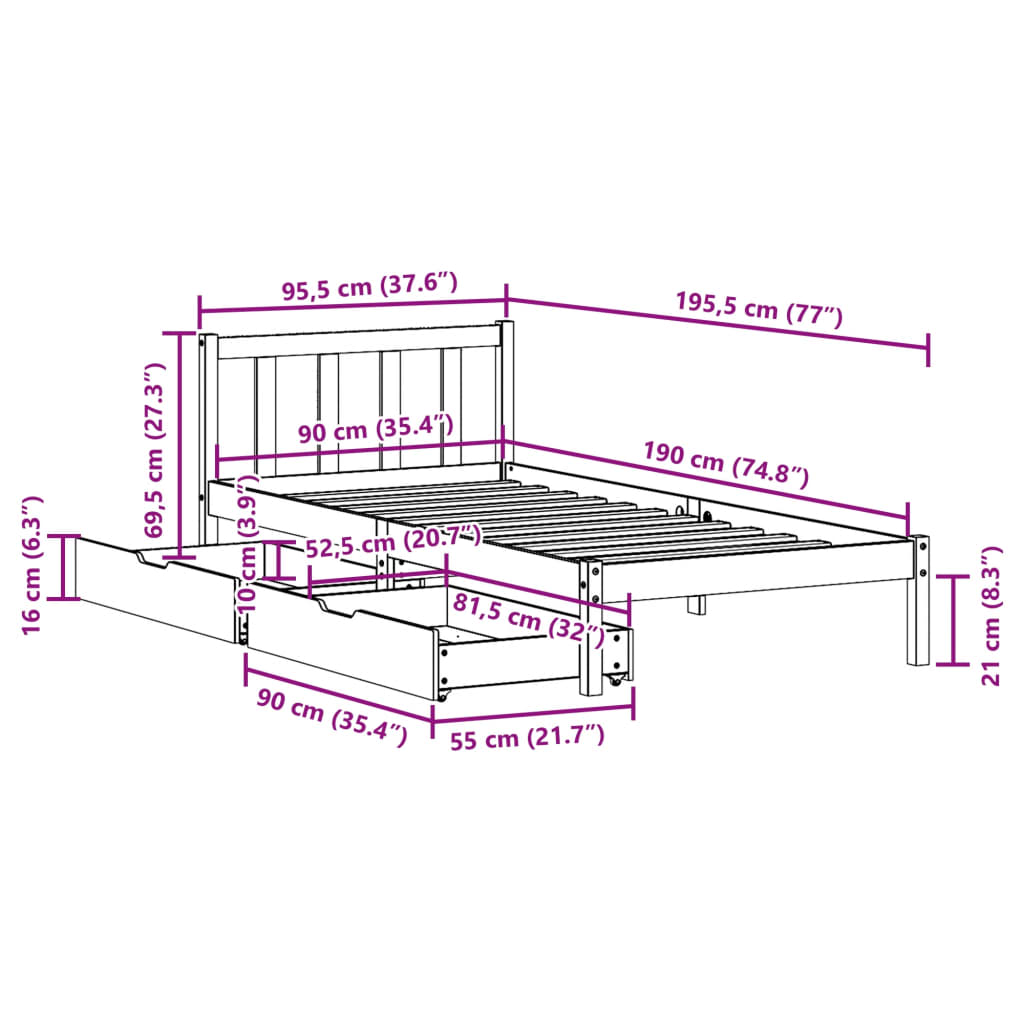 Cama sem colchão 90x190 cm madeira de pinho maciça branco