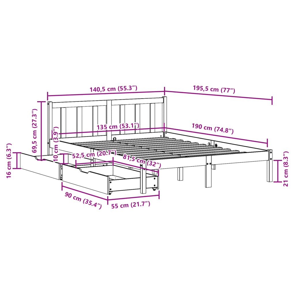 Cama sem colchão 135x190 cm madeira de pinho maciça