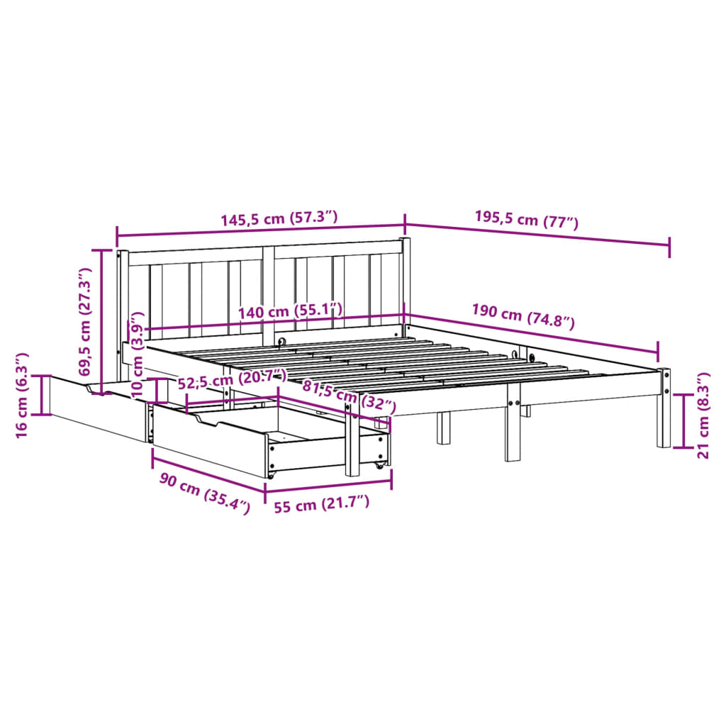 Cama sem colchão 140x190 cm madeira de pinho maciça branco