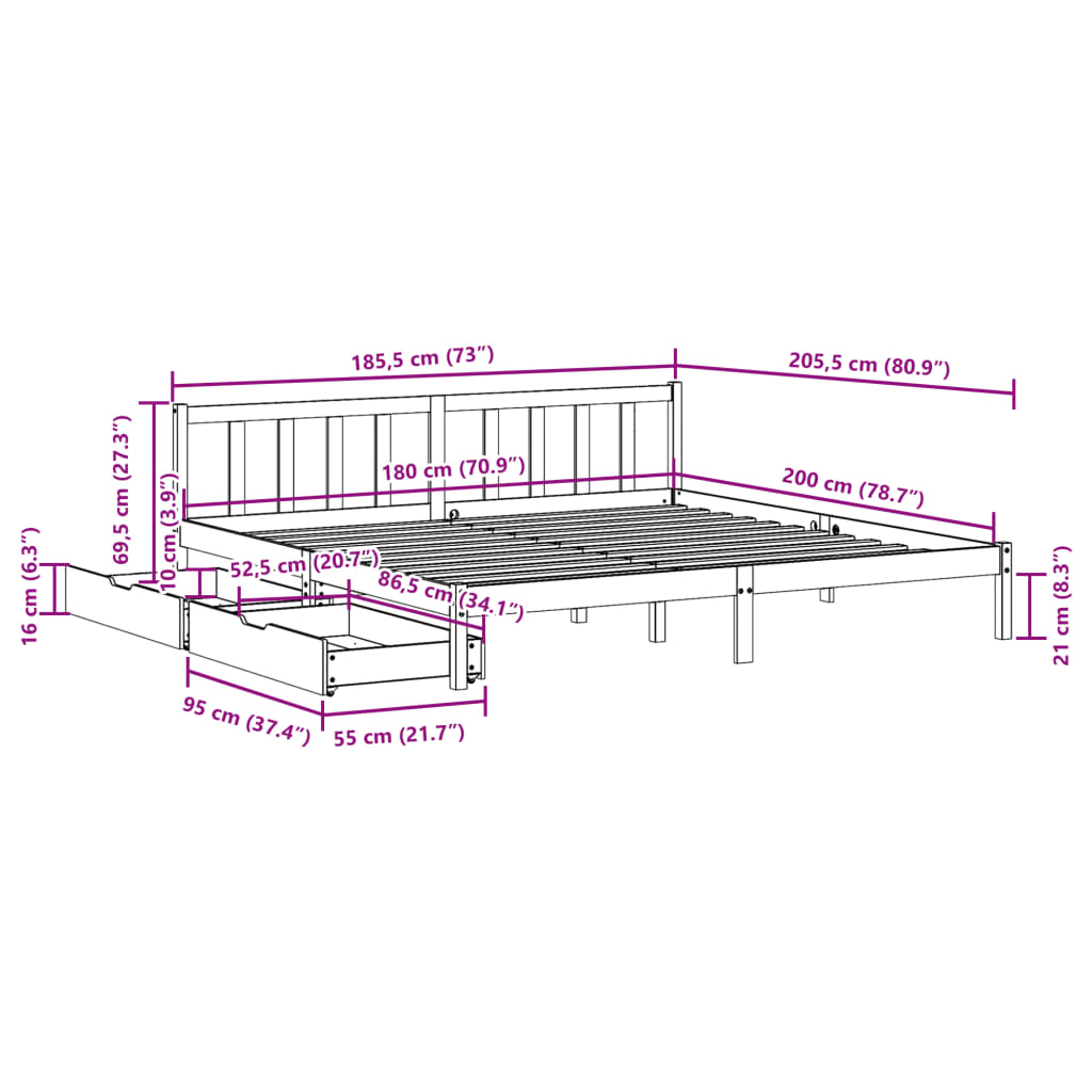 Cama sem colchão 180x200 cm madeira de pinho maciça branco