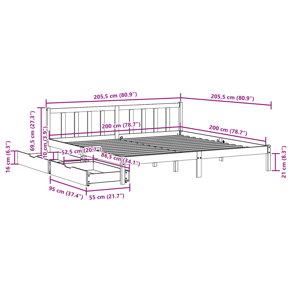 Cama sem colchão 200x200 cm madeira de pinho maciça branco