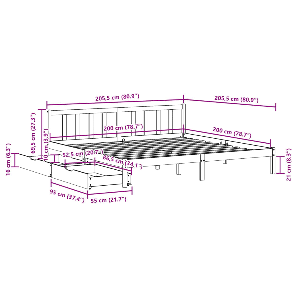 Cama sem colchão 200x200 cm pinho maciço castanho-mel