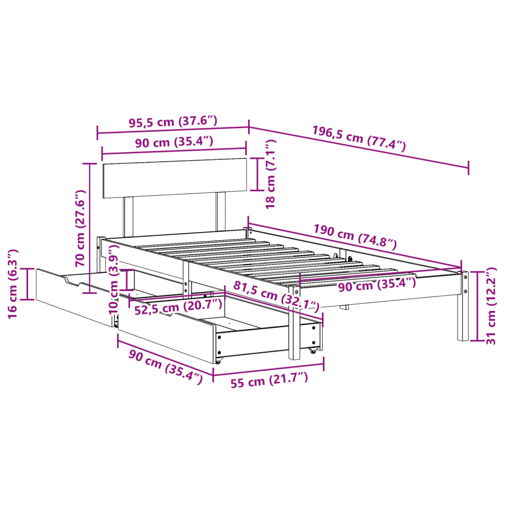 Cama sem colchão 90x190 cm madeira de pinho maciça