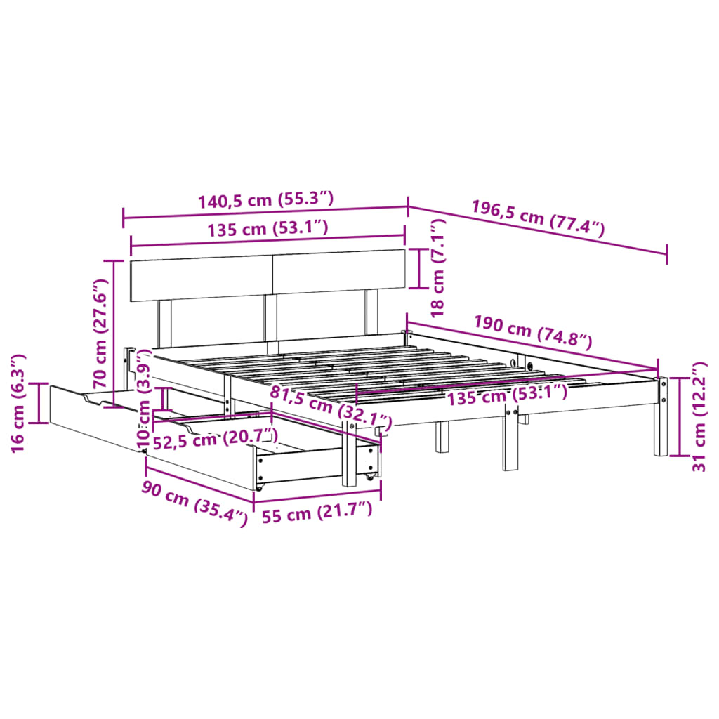 Cama sem colchão 135x190 cm madeira de pinho maciça branco