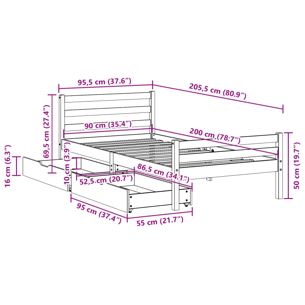 Cama sem colchão 90x200 cm madeira de pinho maciça branco