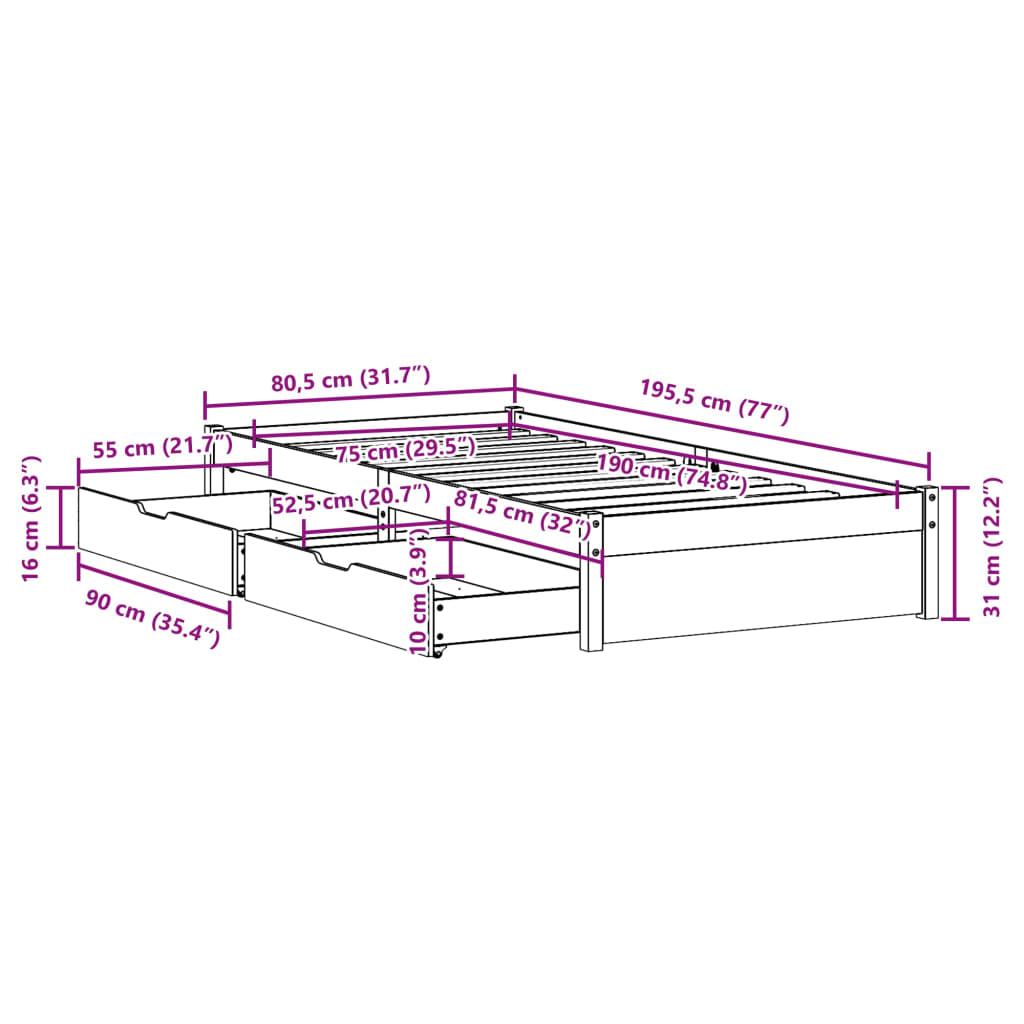 Cama sem colchão 75x190 cm madeira de pinho maciça branco