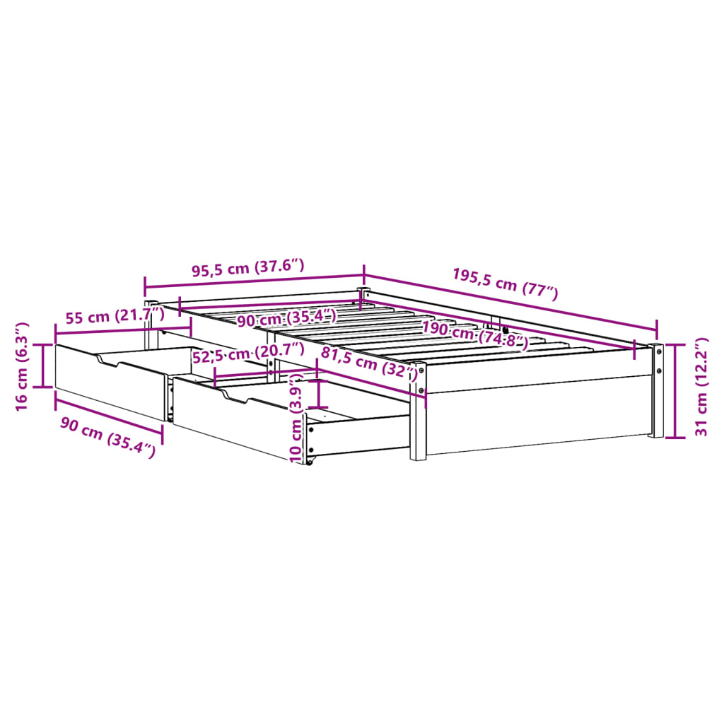 Cama sem colchão 90x190 cm madeira de pinho maciça branco