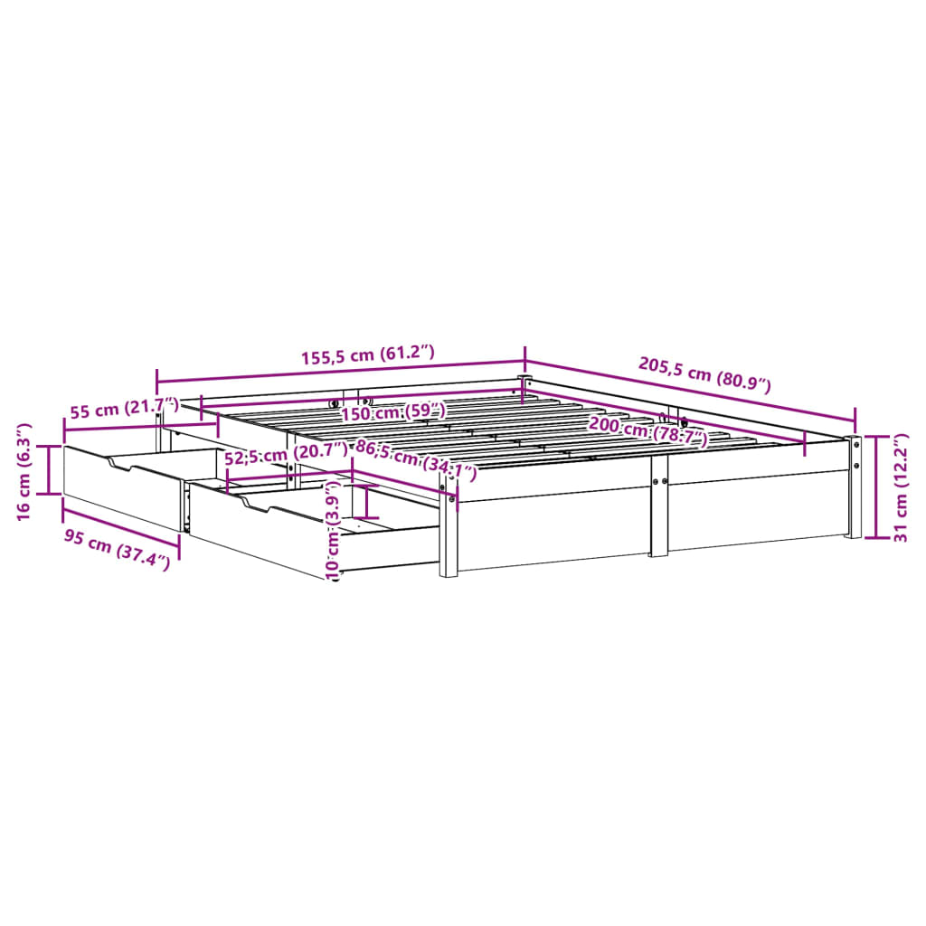 Cama sem colchão 150x200 cm madeira de pinho maciça branco