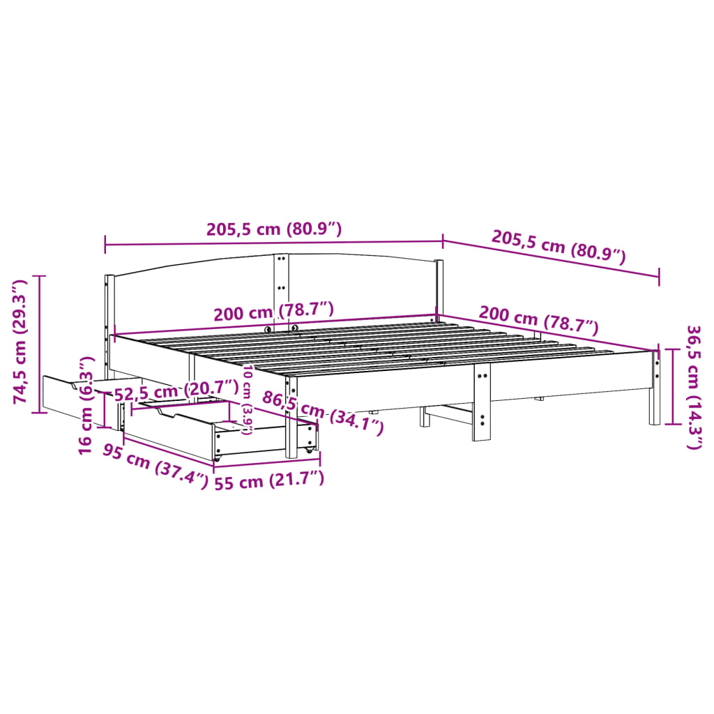 Cama sem colchão 200x200 cm madeira de pinho maciça branco