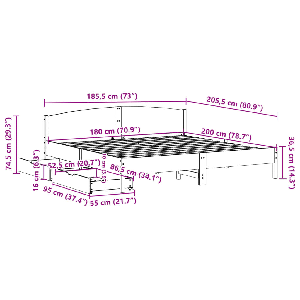 Cama sem colchão 180x200 cm pinho maciço castanho-mel