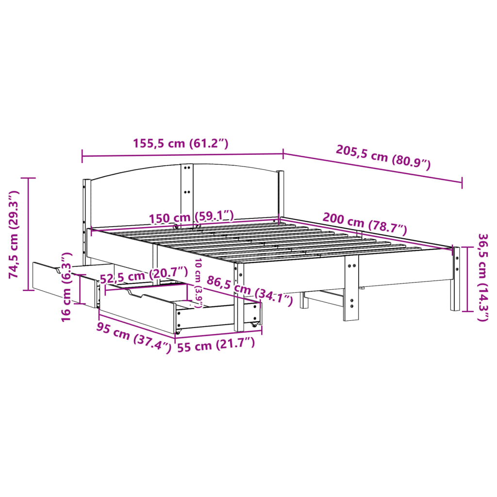 Cama sem colchão 150x200 cm madeira de pinho maciça branco