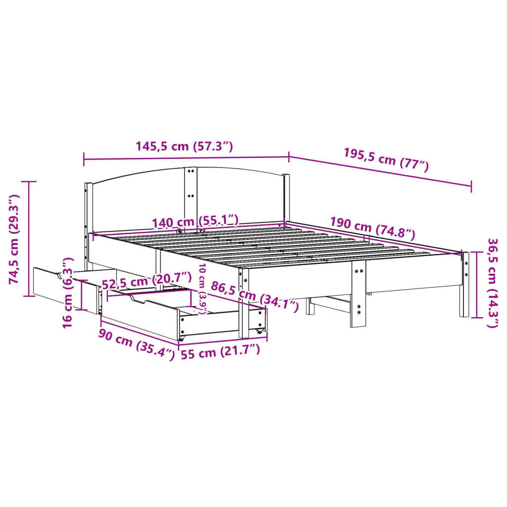 Cama sem colchão 140x190 cm madeira de pinho maciça branco