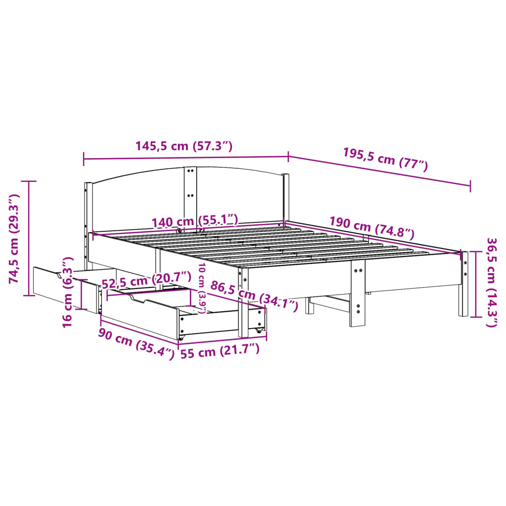 Cama sem colchão 140x190 cm pinho maciço castanho-mel