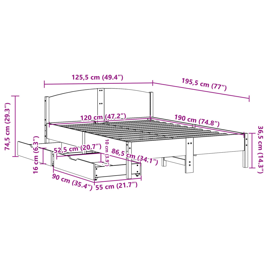 Cama sem colchão 120x190 cm madeira de pinho maciça branco