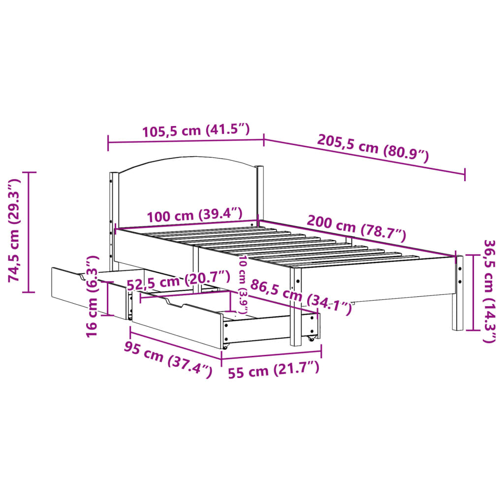 Cama sem colchão 100x200 cm madeira de pinho maciça