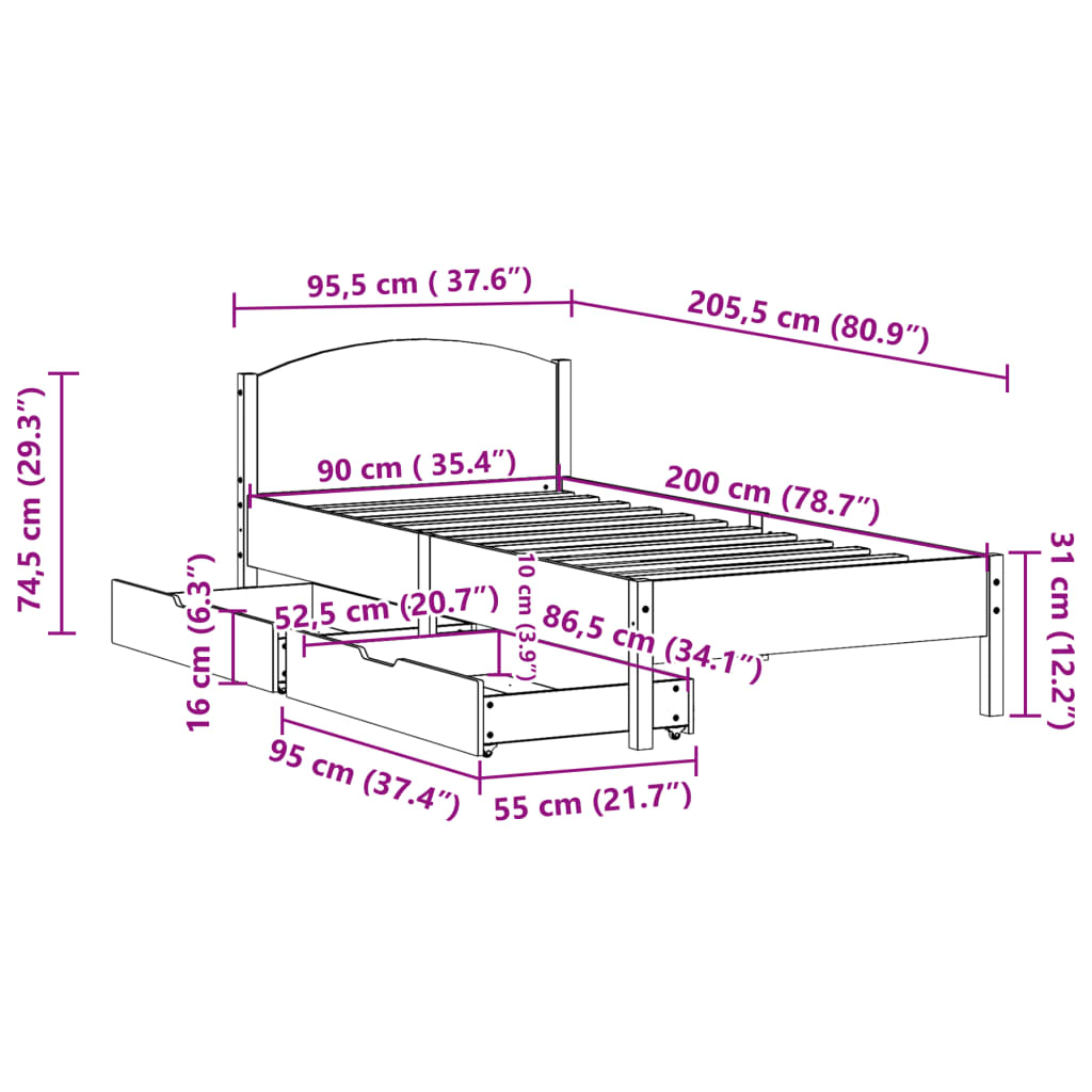 Cama sem colchão 90x200 cm madeira de pinho maciça branco