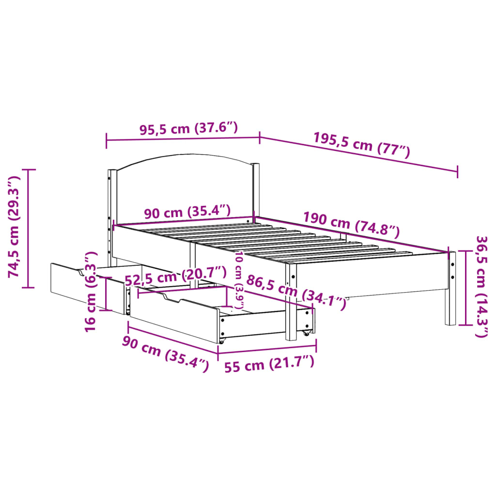 Cama sem colchão 90x190 cm madeira de pinho maciça