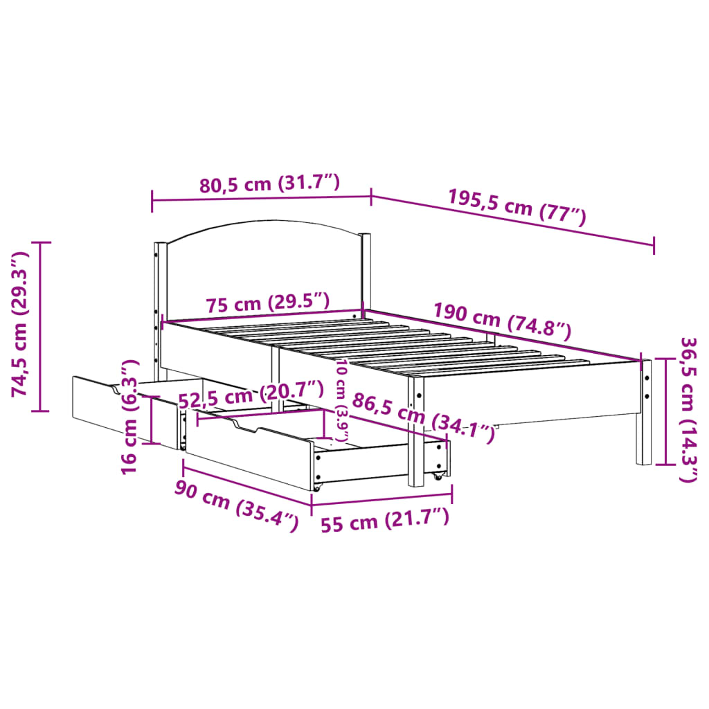 Cama sem colchão 75x190 cm madeira de pinho maciça castanho-mel