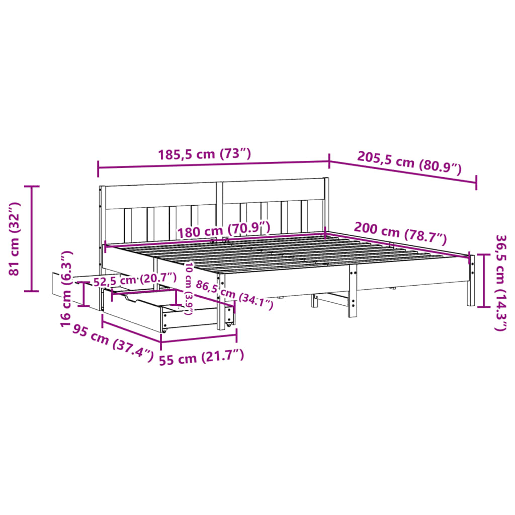 Cama sem colchão 180x200 cm madeira de pinho maciça branco