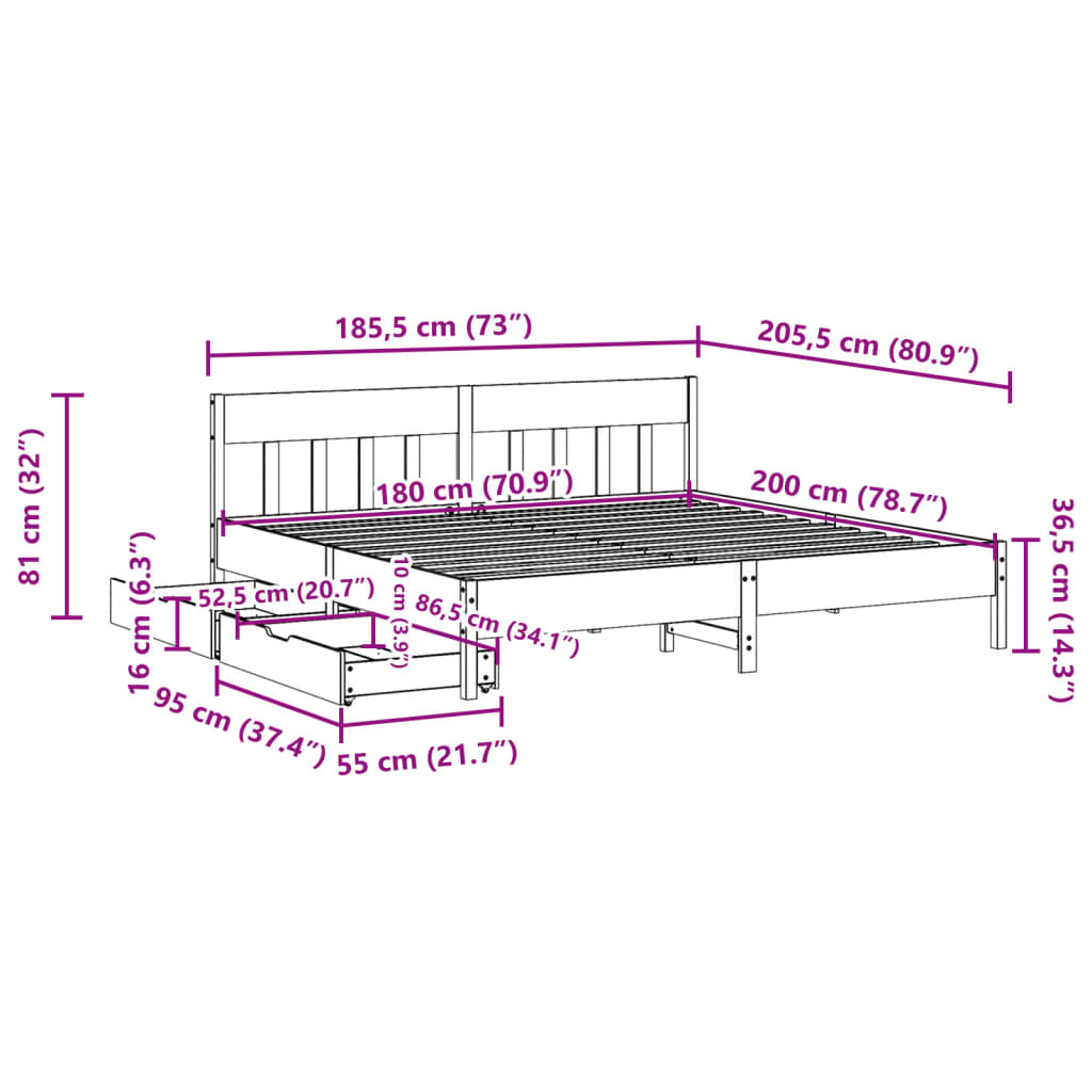 Cama sem colchão 180x200 cm pinho maciço castanho-mel