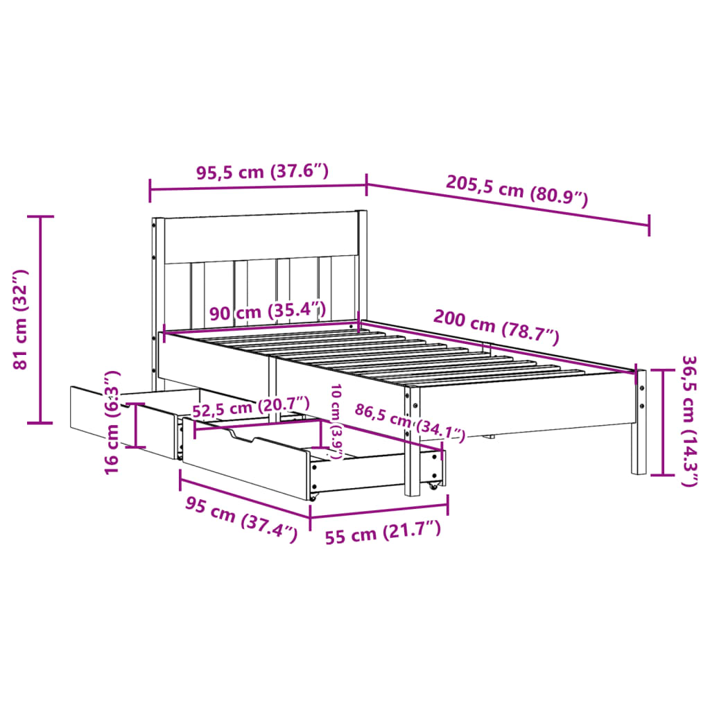 Cama sem colchão 90x200 cm pinho maciço castanho-mel