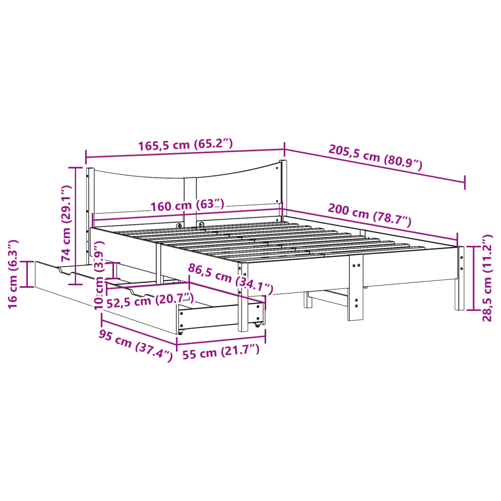 Estrutura de cama com gavetas 160x200 cm pinho maciço branco