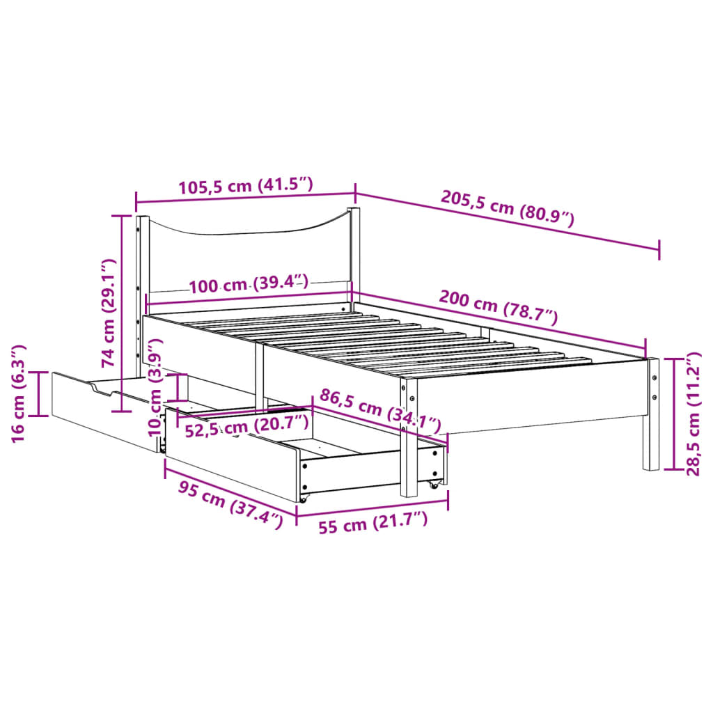 Estrutura cama c/ gavetas 100x200 cm pinho maciço castanho-mel