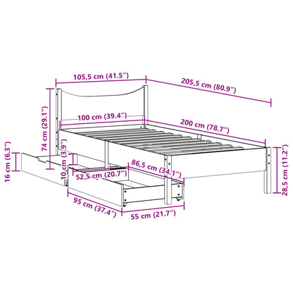 Estrutura cama c/ gavetas 100x200 cm pinho maciço castanho-mel