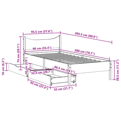 Estrutura de cama c/ gavetas 90x200cm pinho maciço castanho-mel