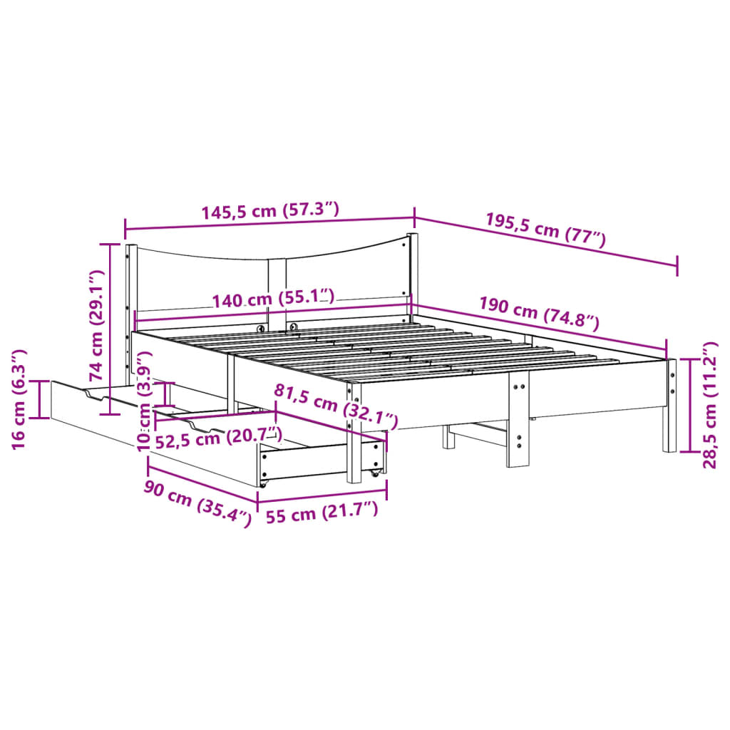 Estrutura de cama com gavetas 140x190 cm pinho maciço branco