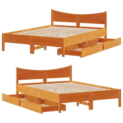 Estrutura cama c/ gavetas 140x190 cm pinho maciço castanho-mel