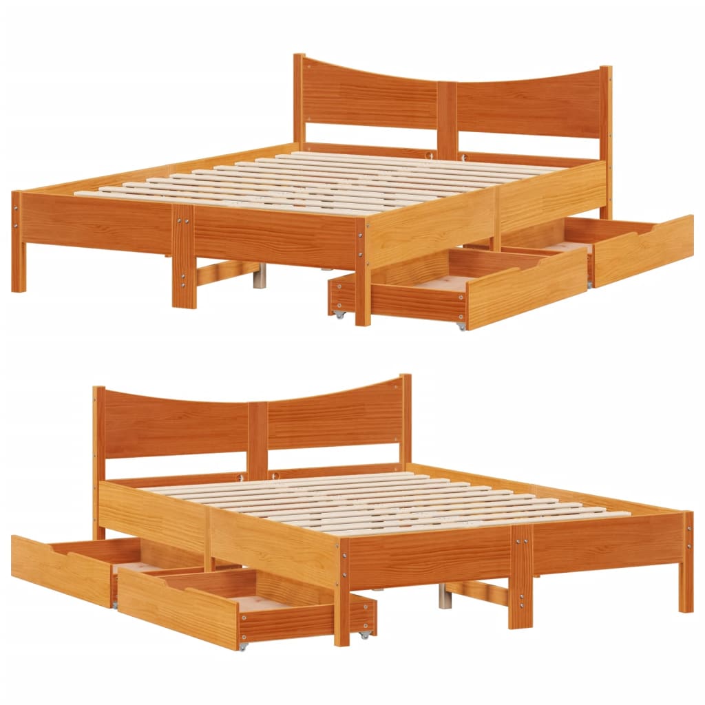 Estrutura cama c/ gavetas 120x190 cm pinho maciço castanho-mel