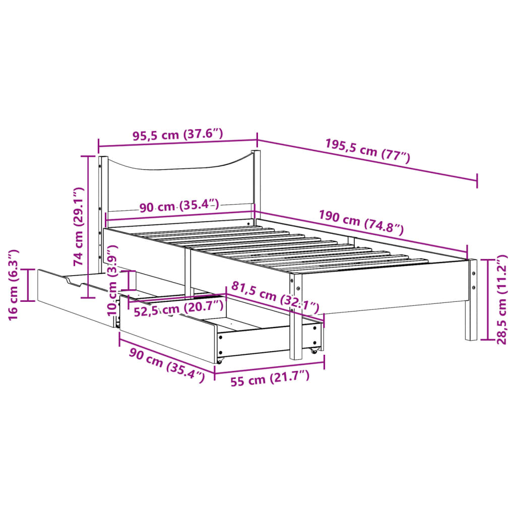 Estrutura de cama com gavetas 90x190 cm madeira de pinho maciça