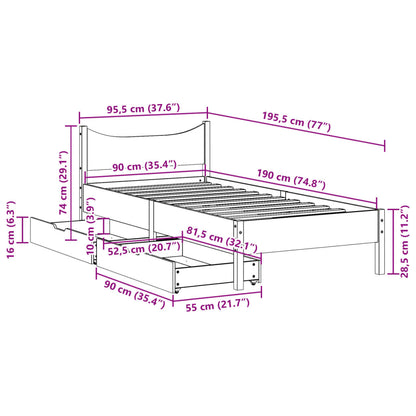 Estrutura de cama com gavetas 90x190 cm pinho maciço branco