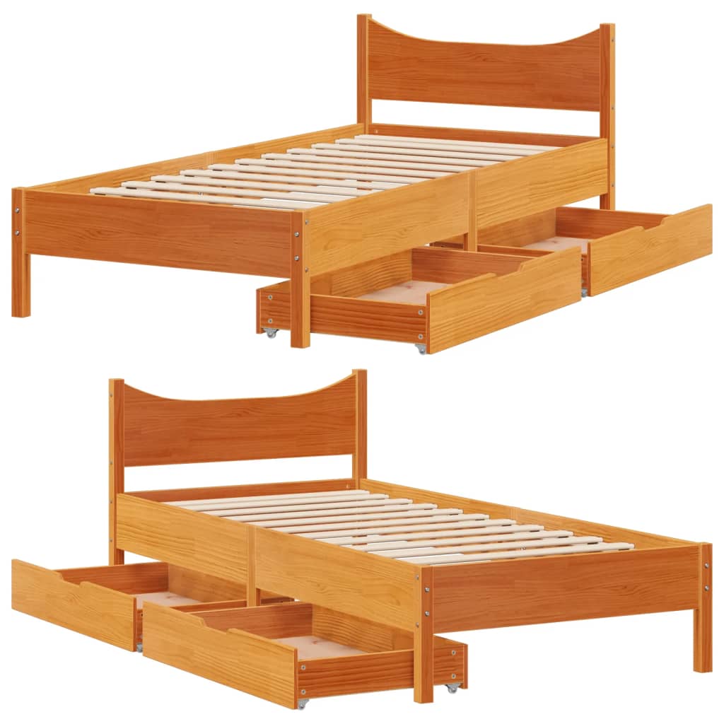 Estrutura de cama c/ gavetas 90x190cm pinho maciço castanho-mel