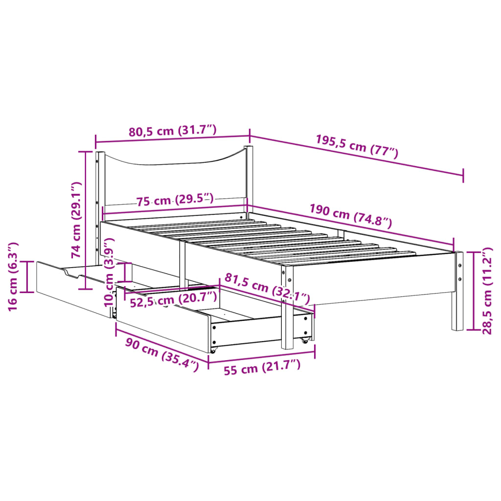 Estrutura de cama com gavetas 75x190 cm madeira de pinho maciça