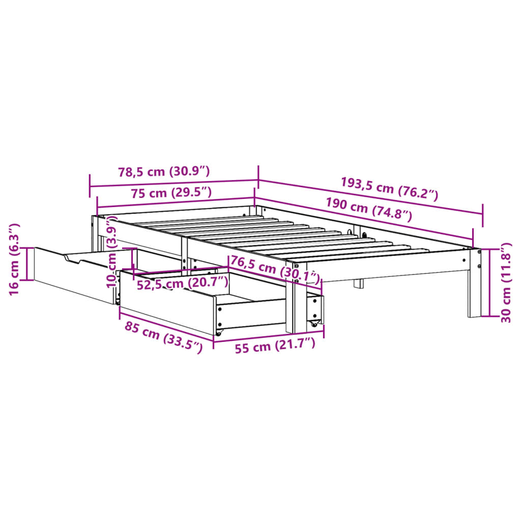 Estrutura de cama com gavetas 75x190 cm pinho maciço branco