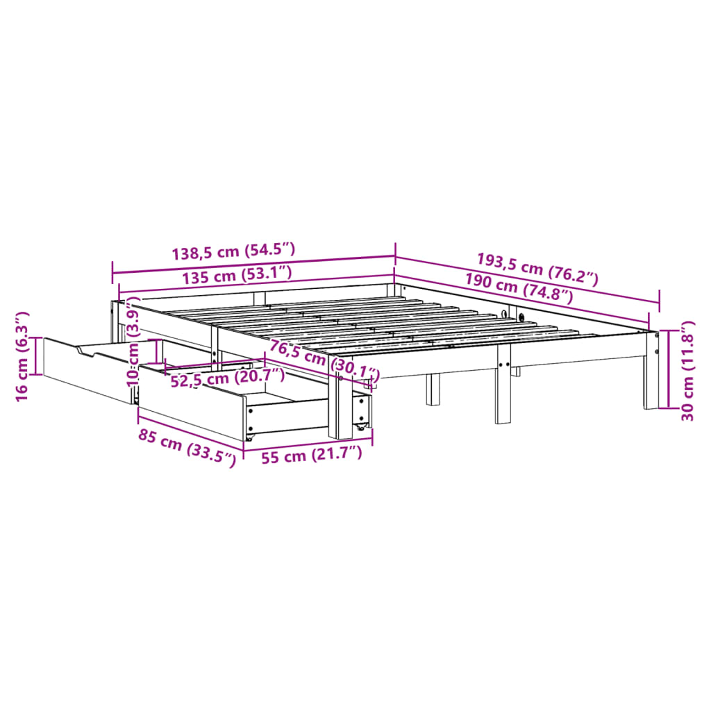 Estrutura de cama com gavetas 135x190 cm pinho maciço branco