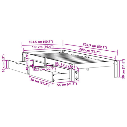 Estrutura de cama c/ gavetas 100x200 cm pinho maciço branco