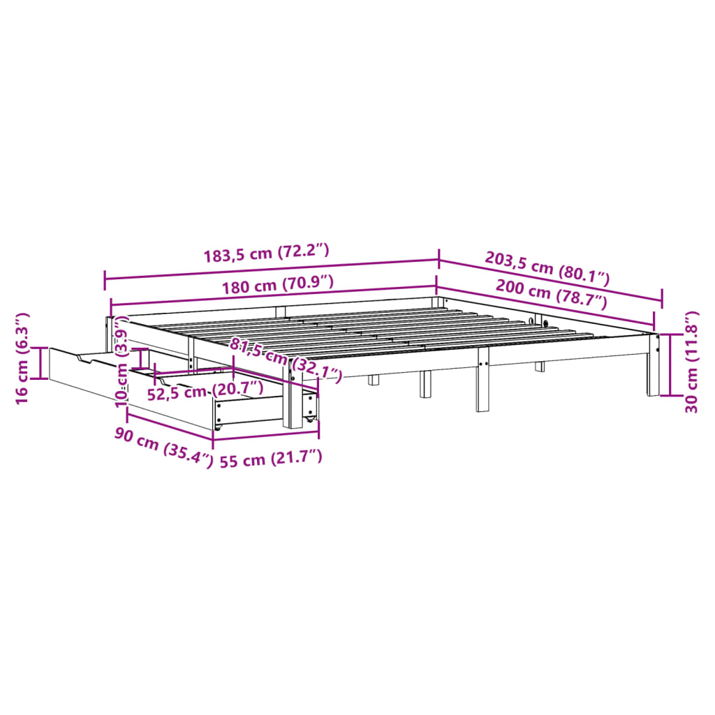 Estrutura de cama c/ gavetas 180x200 cm pinho maciça branco