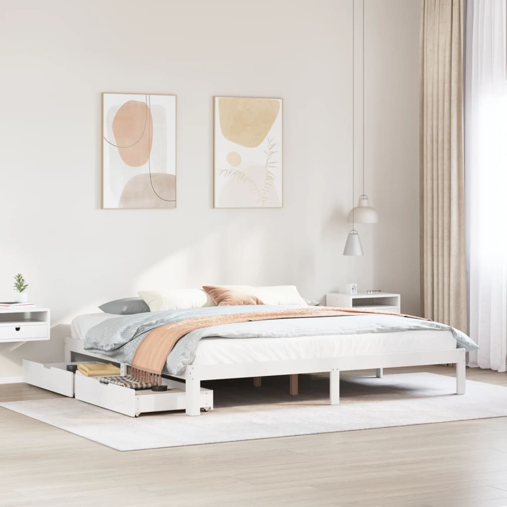 Estrutura de cama c/ gavetas 200x200 cm pinho maciço branco