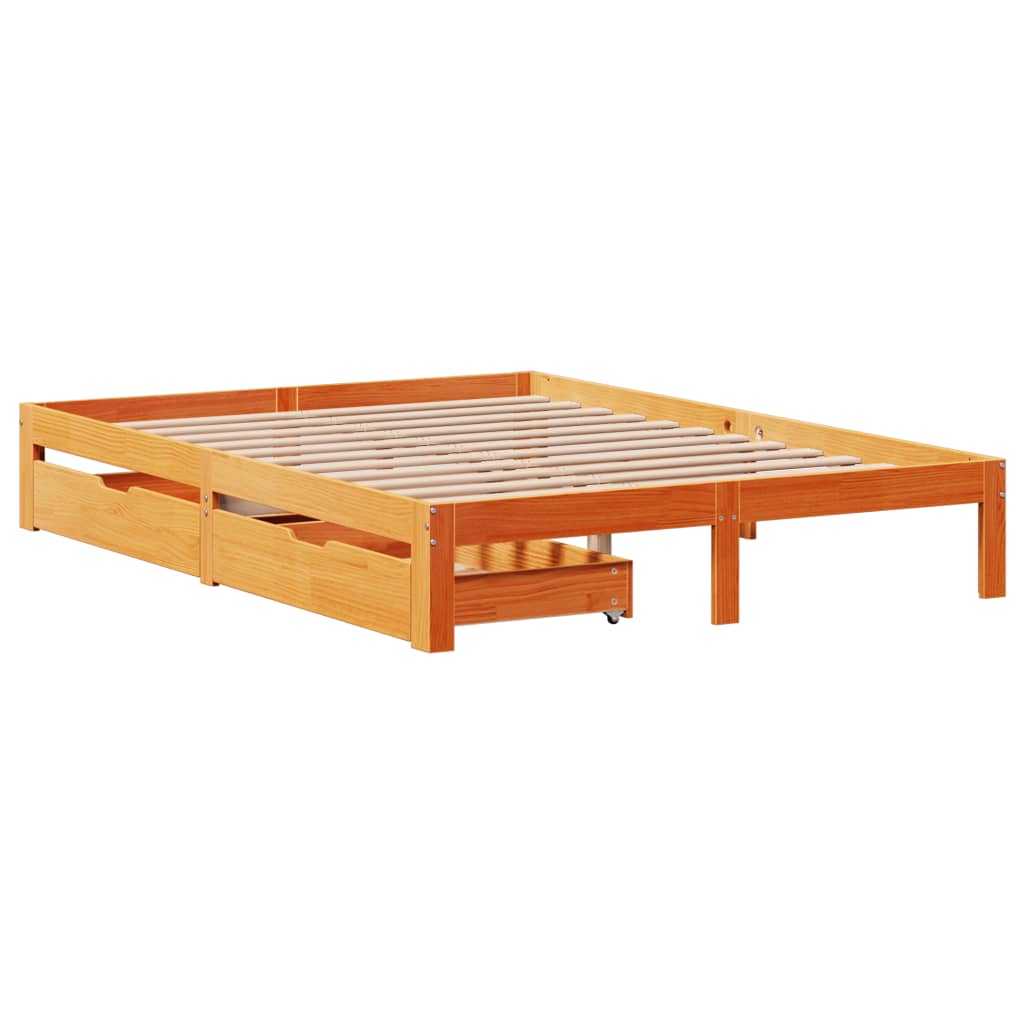 Estrutura cama c/ gavetas 140x190 cm pinho maciço castanho-mel