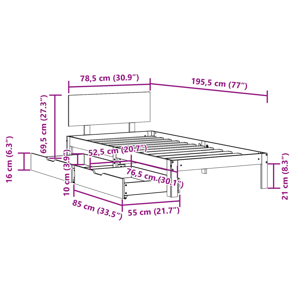 Estrutura de cama com gavetas 75x190 cm madeira de pinho maciça