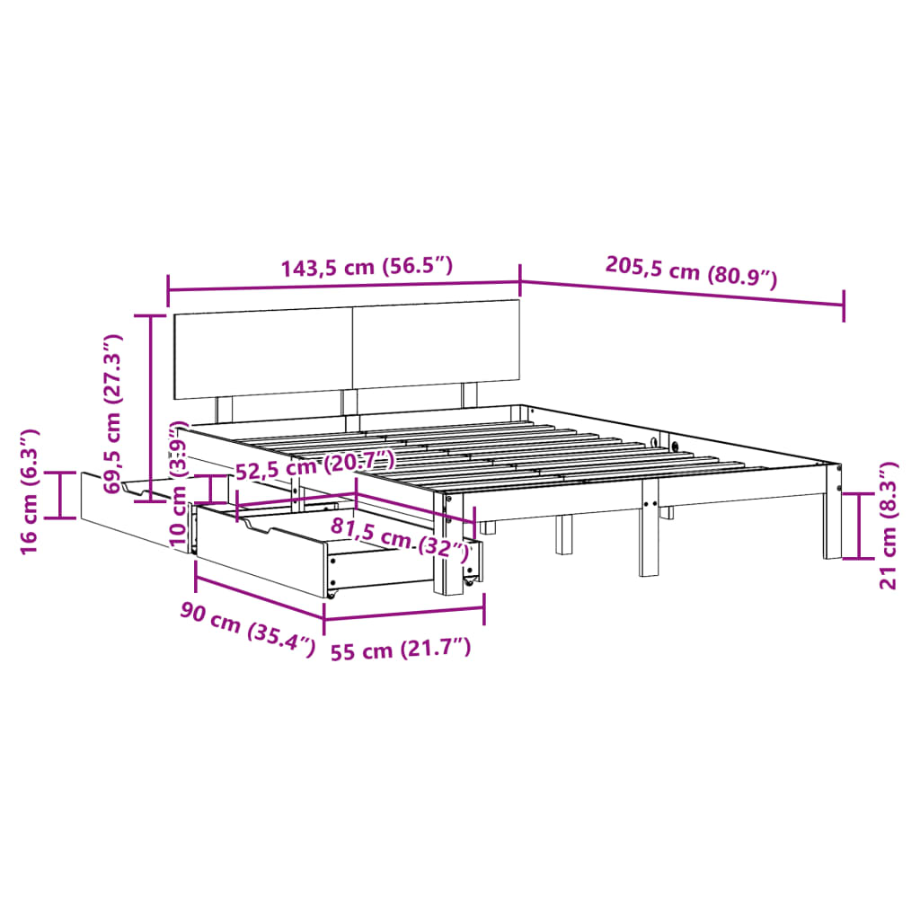 Estrutura de cama c/ gavetas 140x200 cm pinho maciço branco