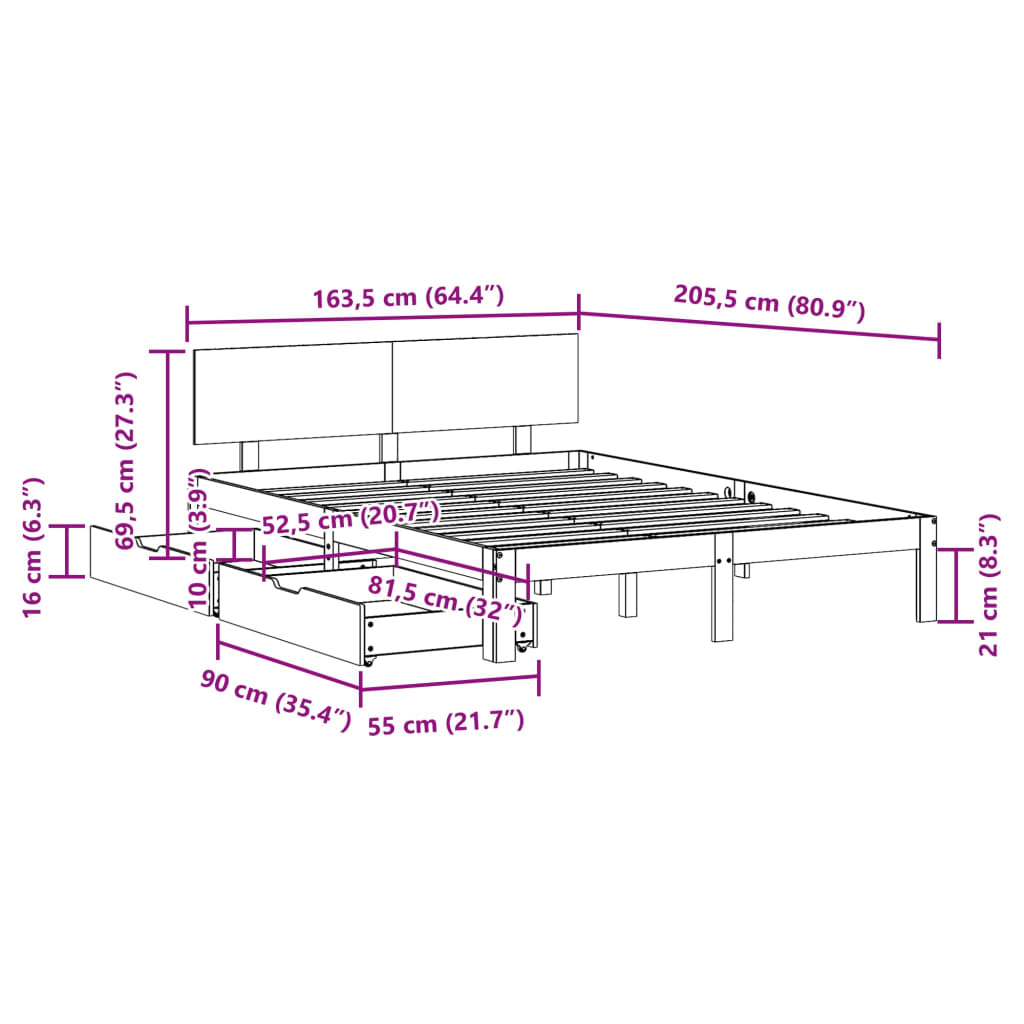 Estrutura de cama com gavetas 160x200 cm pinho maciço branco