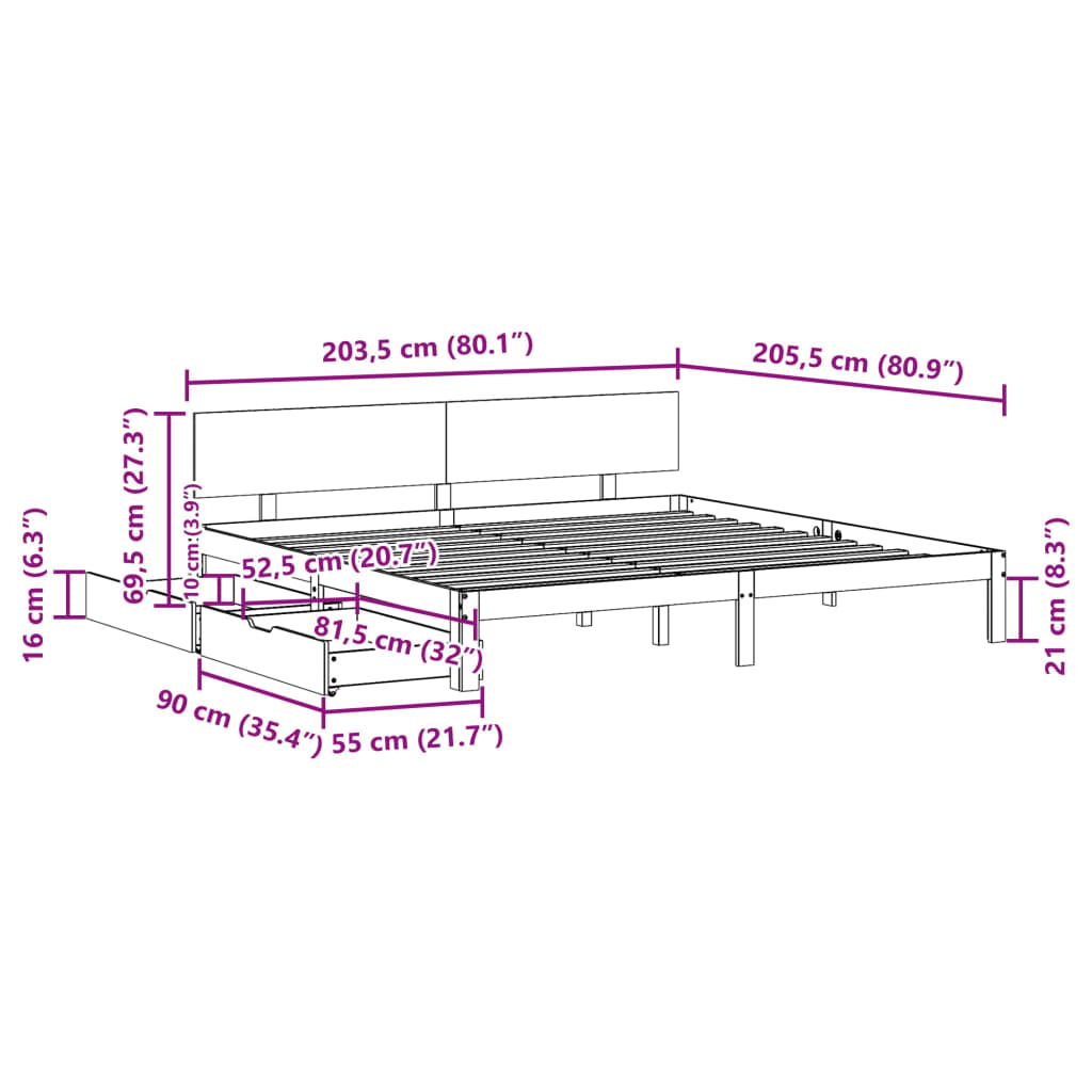 Estrutura de cama c/ gavetas 200x200 cm pinho maciço branco