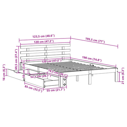 Estrutura de cama com gavetas 120x190 cm pinho maciço branco